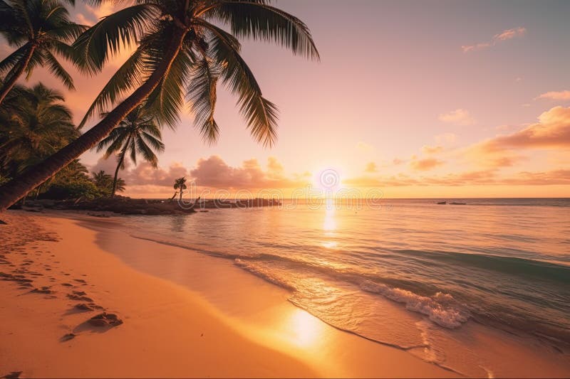 A Serene Beach With Crystal Clear Water Palm Trees And A Beautiful